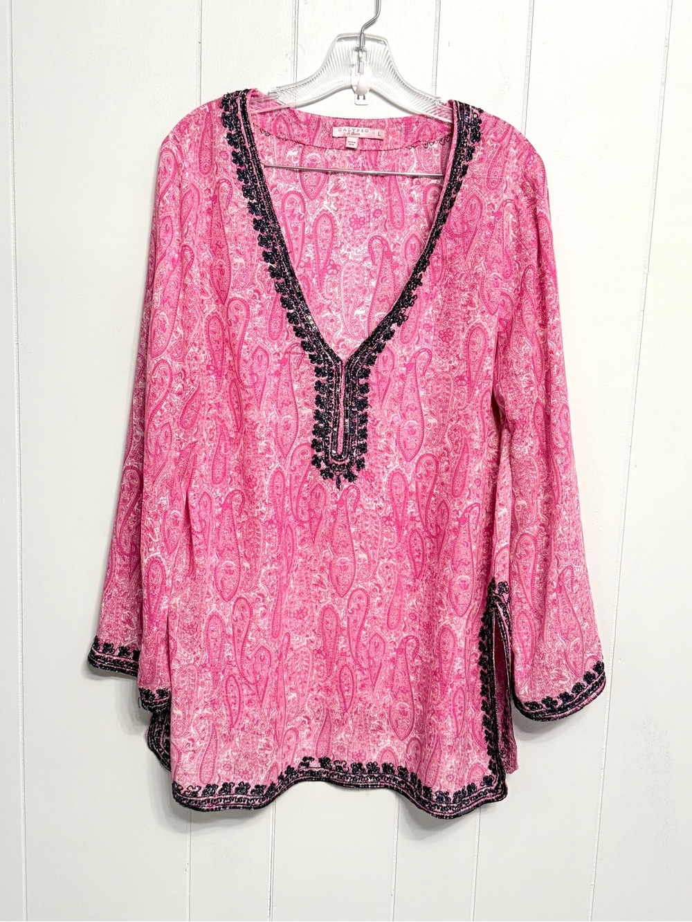 #19)  Calypso St. Barth Pink Paisley Tunic with Black Embroidery
